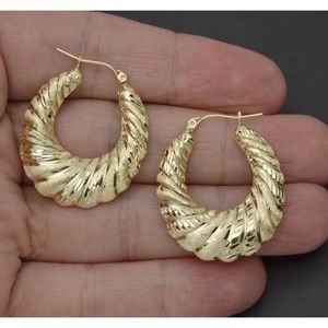 Real 10K Yellow Gold 32.6mm Hollow Swirl Shrimp Diamond Cut Hoop Earrings 3.6gr